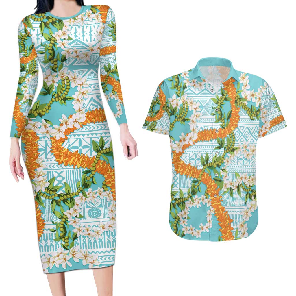 Aloha Festive Hawaii Couples Matching Long Sleeve Bodycon Dress and Hawaiian Shirt Mokihana - Maile and Ilima on Turquoise - Polynesian Pride