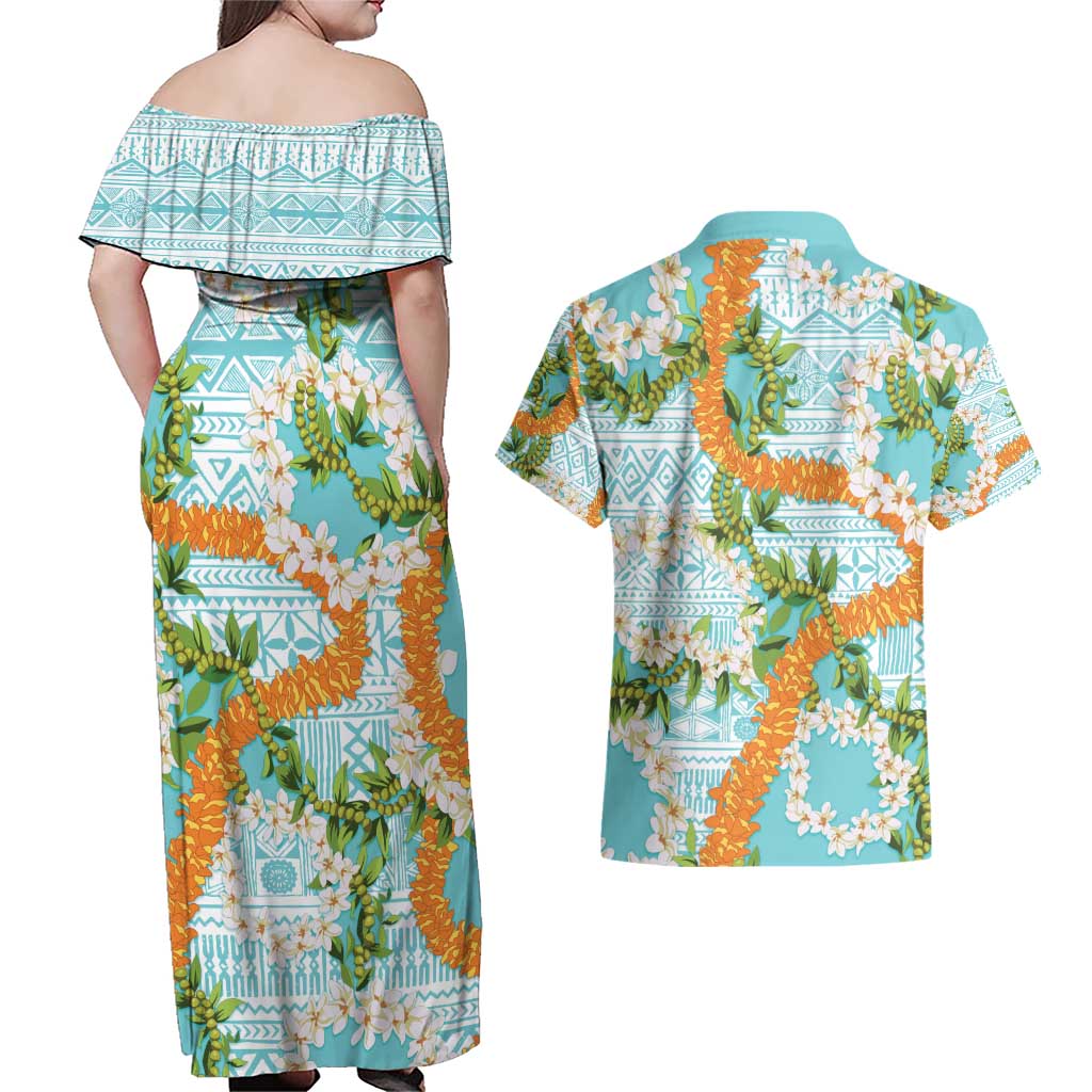 Aloha Festive Hawaii Couples Matching Off Shoulder Maxi Dress and Hawaiian Shirt Mokihana - Maile and Ilima on Turquoise - Polynesian Pride
