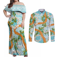 Aloha Festive Hawaii Couples Matching Off Shoulder Maxi Dress and Long Sleeve Button Shirt Mokihana - Maile and Ilima on Turquoise - Polynesian Pride