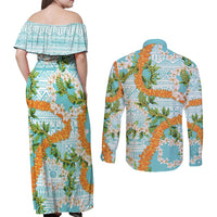 Aloha Festive Hawaii Couples Matching Off Shoulder Maxi Dress and Long Sleeve Button Shirt Mokihana - Maile and Ilima on Turquoise - Polynesian Pride