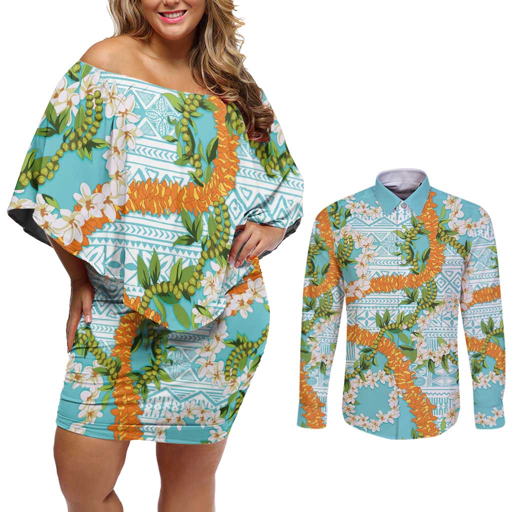 Aloha Festive Hawaii Couples Matching Off Shoulder Short Dress and Long Sleeve Button Shirt Mokihana - Maile and Ilima on Turquoise - Polynesian Pride