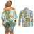 Aloha Festive Hawaii Couples Matching Off Shoulder Short Dress and Long Sleeve Button Shirt Mokihana - Maile and Ilima on Turquoise - Polynesian Pride