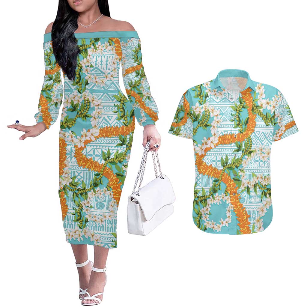 Aloha Festive Hawaii Couples Matching Off The Shoulder Long Sleeve Dress and Hawaiian Shirt Mokihana - Maile and Ilima on Turquoise - Polynesian Pride