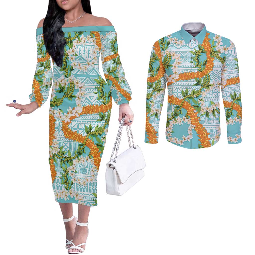 Aloha Festive Hawaii Couples Matching Off The Shoulder Long Sleeve Dress and Long Sleeve Button Shirt Mokihana - Maile and Ilima on Turquoise - Polynesian Pride