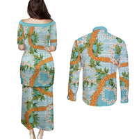 Aloha Festive Hawaii Couples Matching Puletasi and Long Sleeve Button Shirt Mokihana - Maile and Ilima on Turquoise - Polynesian Pride