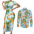 Aloha Festive Hawaii Couples Matching Short Sleeve Bodycon Dress and Long Sleeve Button Shirt Mokihana - Maile and Ilima on Turquoise - Polynesian Pride