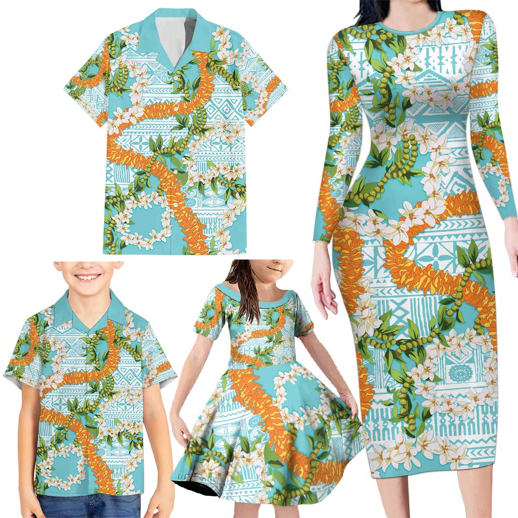 Aloha Festive Hawaii Family Matching Long Sleeve Bodycon Dress and Hawaiian Shirt Mokihana - Maile and Ilima on Turquoise - Polynesian Pride