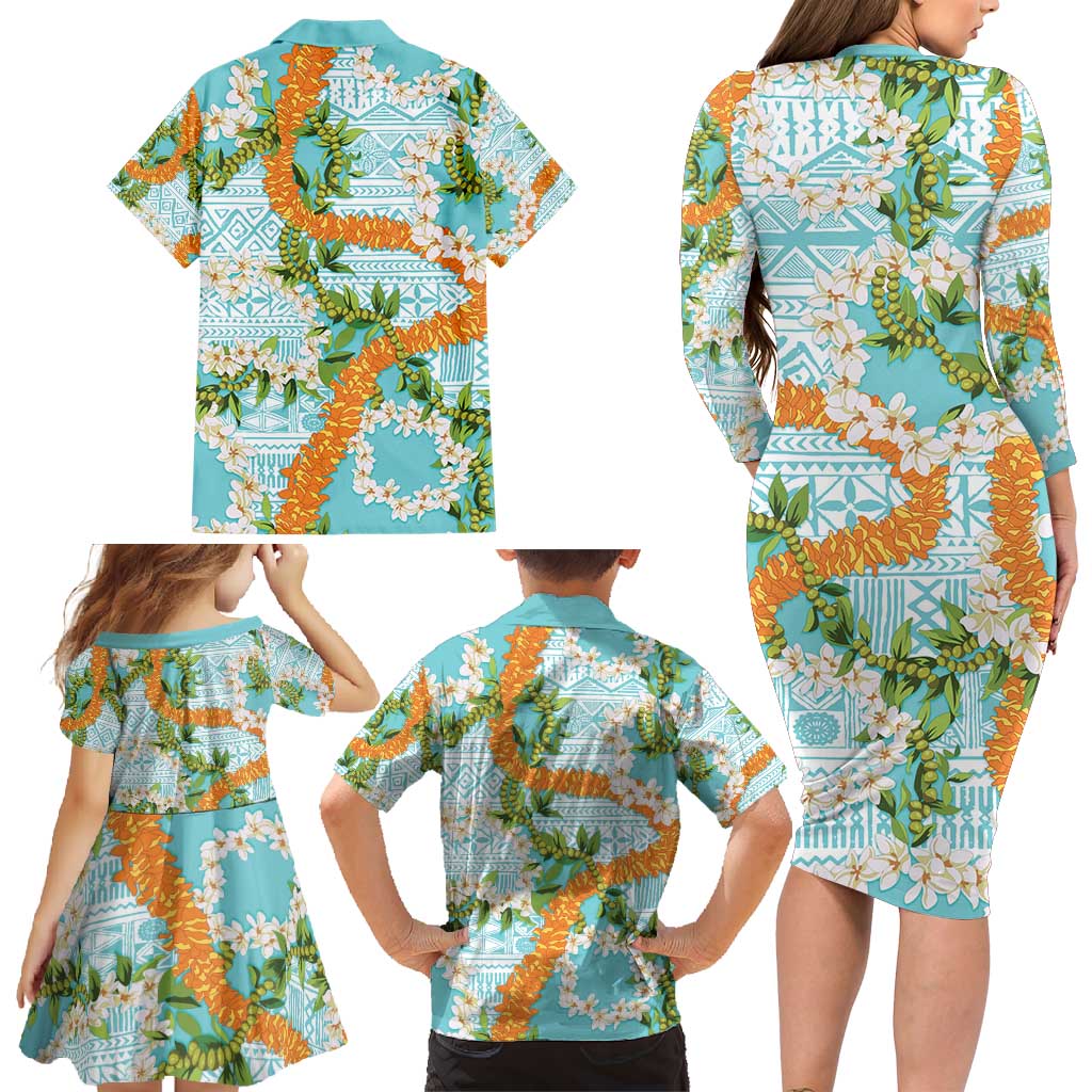 Aloha Festive Hawaii Family Matching Long Sleeve Bodycon Dress and Hawaiian Shirt Mokihana - Maile and Ilima on Turquoise - Polynesian Pride