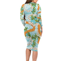Aloha Festive Hawaii Family Matching Long Sleeve Bodycon Dress and Hawaiian Shirt Mokihana - Maile and Ilima on Turquoise - Polynesian Pride