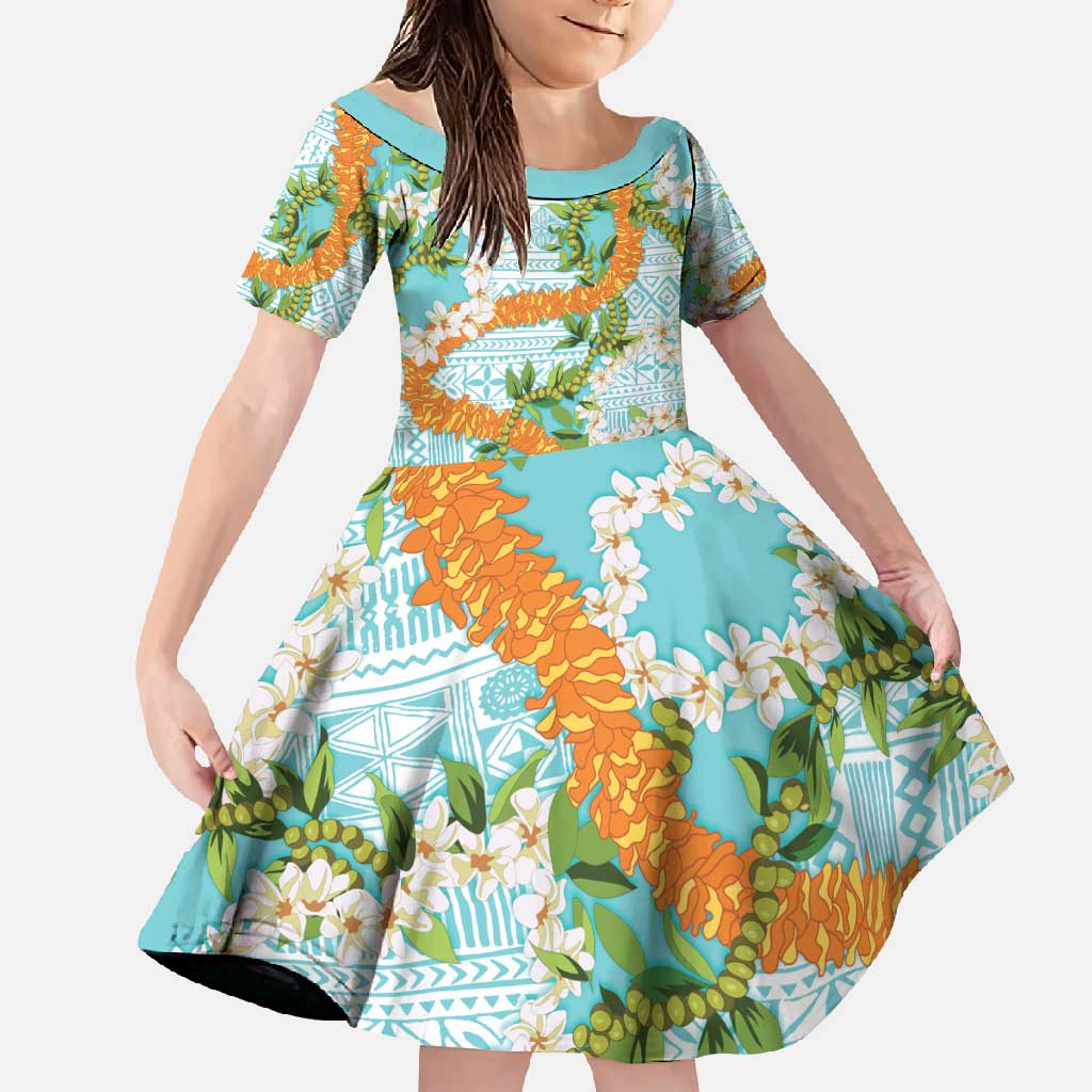 Aloha Festive Hawaii Family Matching Off Shoulder Maxi Dress and Hawaiian Shirt Mokihana - Maile and Ilima on Turquoise LT7 Daughter's Dress Turquoise - Polynesian Pride