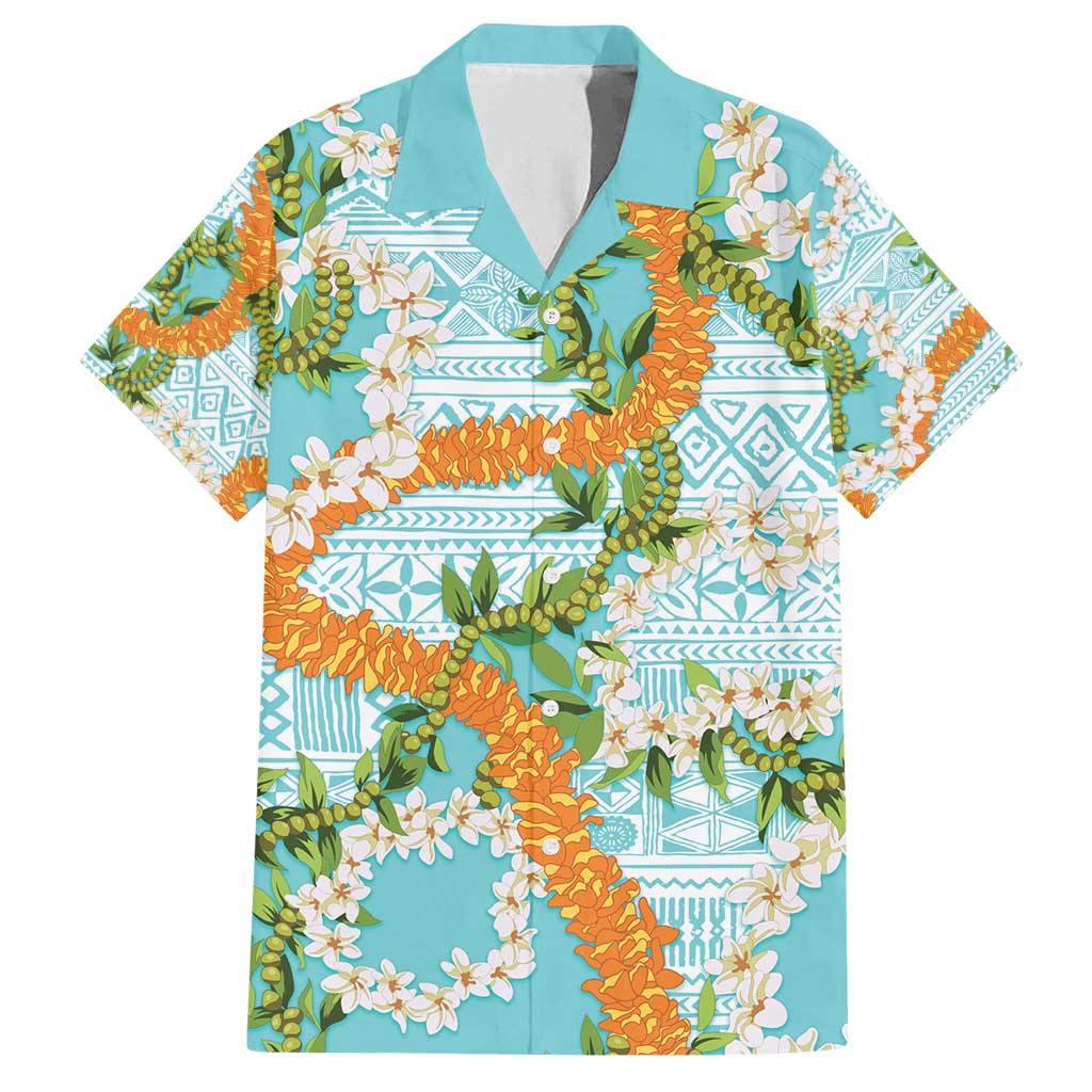 Aloha Festive Hawaii Family Matching Off Shoulder Short Dress and Hawaiian Shirt Mokihana - Maile and Ilima on Turquoise - Polynesian Pride