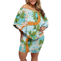 Aloha Festive Hawaii Family Matching Off Shoulder Short Dress and Hawaiian Shirt Mokihana - Maile and Ilima on Turquoise - Polynesian Pride