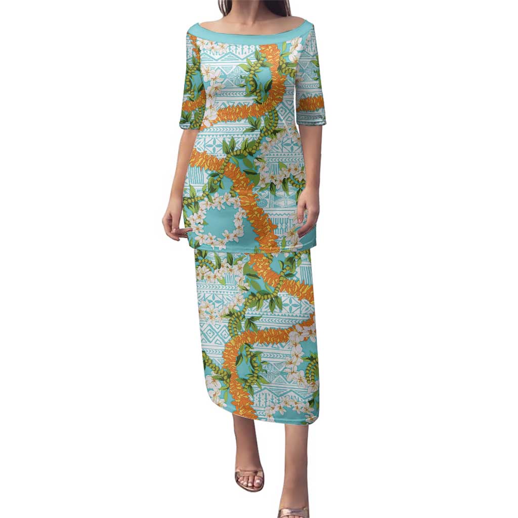 Aloha Festive Hawaii Family Matching Puletasi and Hawaiian Shirt Mokihana - Maile and Ilima on Turquoise - Polynesian Pride