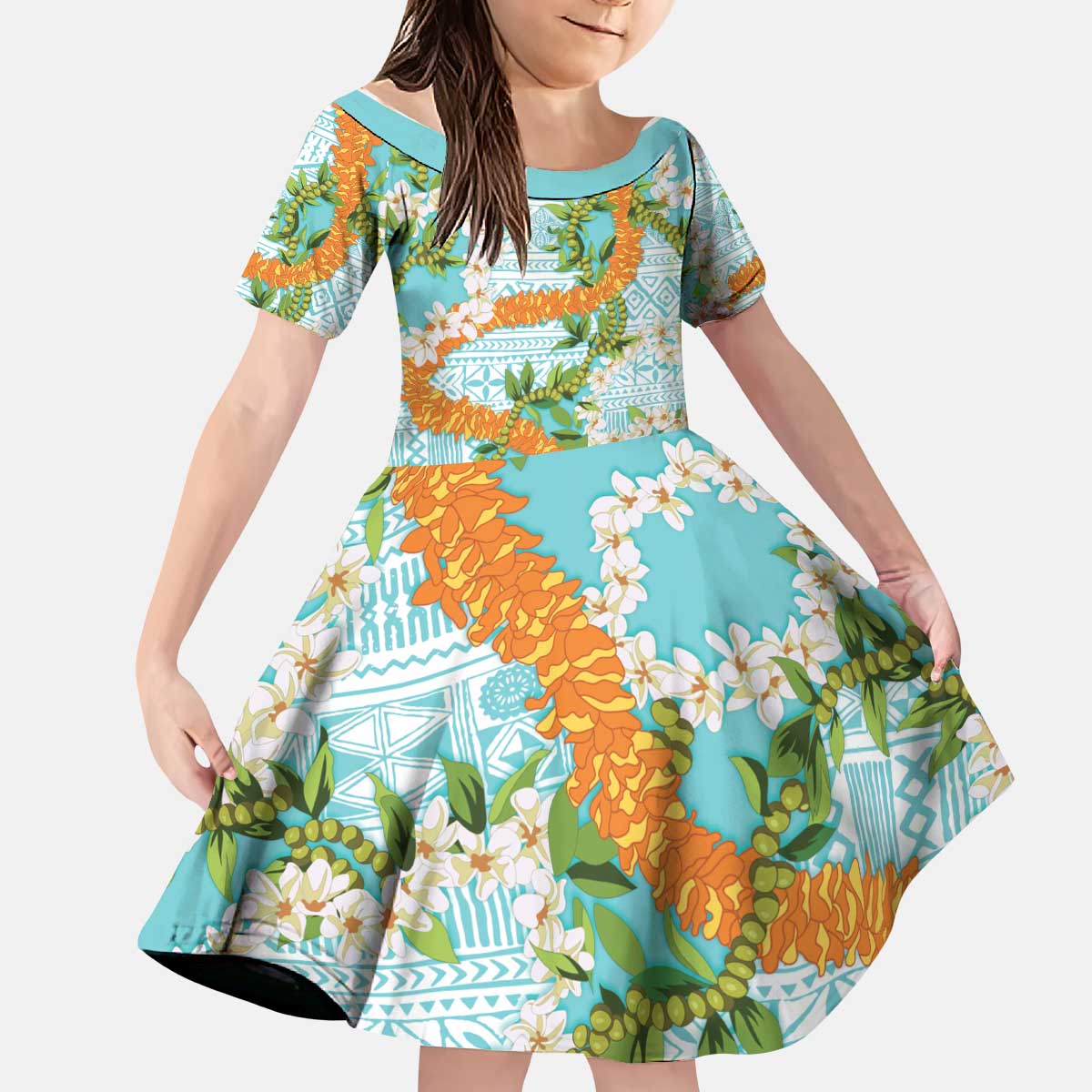 Aloha Festive Hawaii Kid Short Sleeve Dress Mokihana - Maile and Ilima on Turquoise - Polynesian Pride