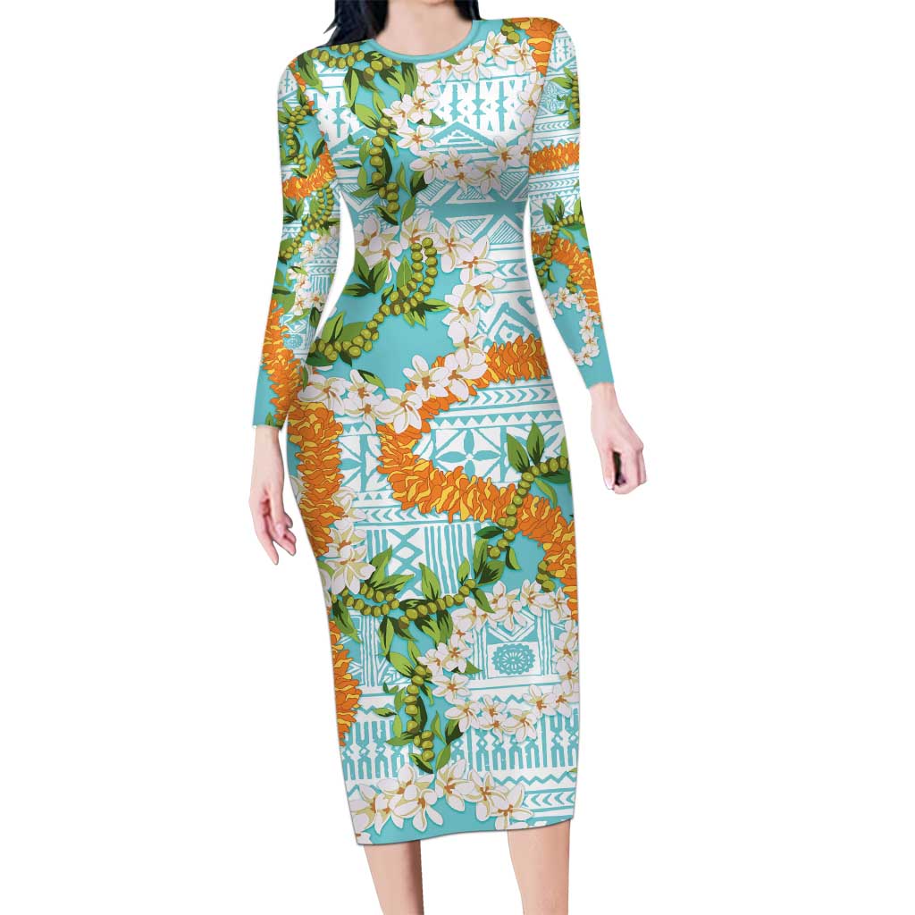 turquoise bodycon dress Aloha Festive Hawaii Long Sleeve Bodycon Dress Mokihana - Maile and Ilima  on Turquoise