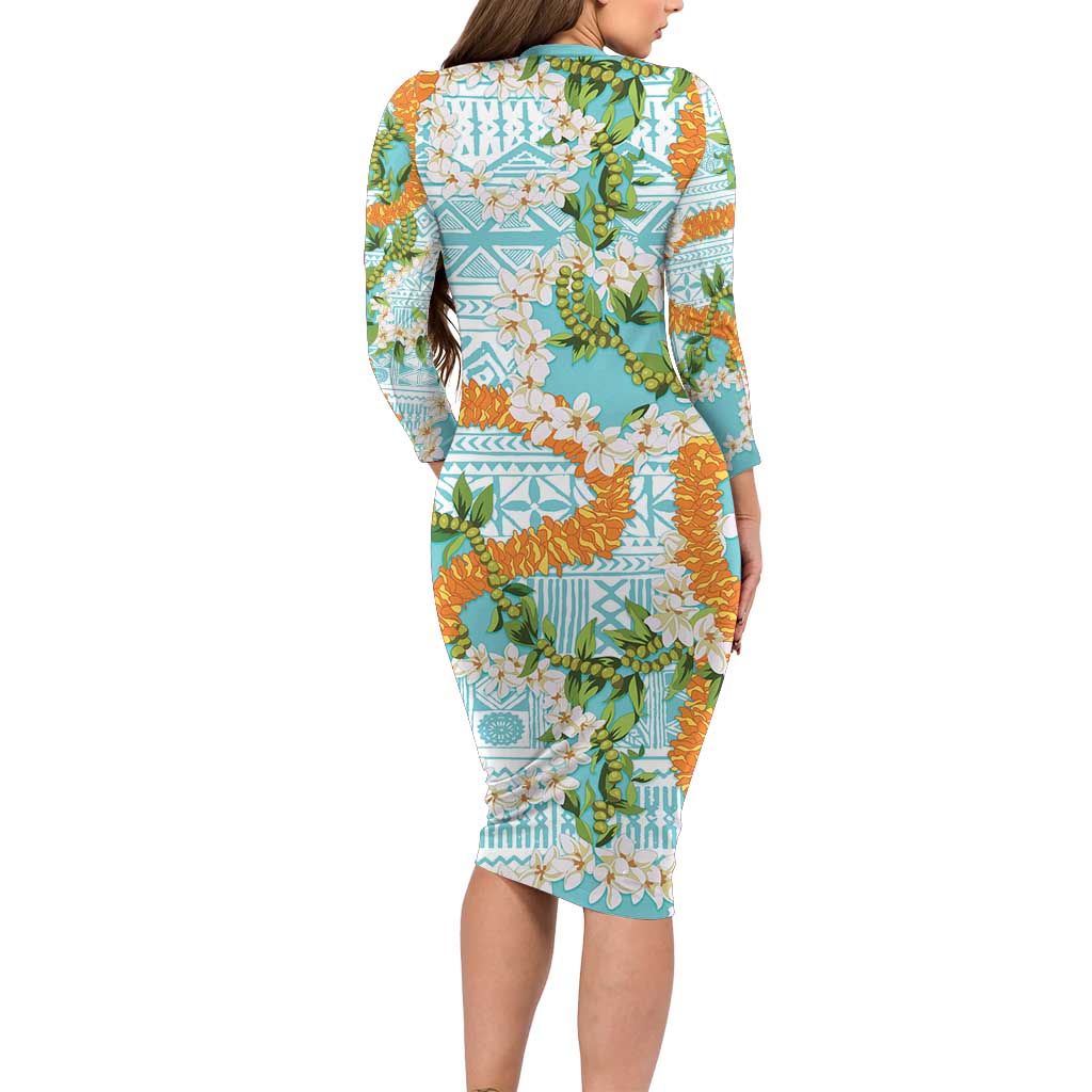 Aloha Festive Hawaii Long Sleeve Bodycon Dress Mokihana - Maile and Ilima on Turquoise - Polynesian Pride