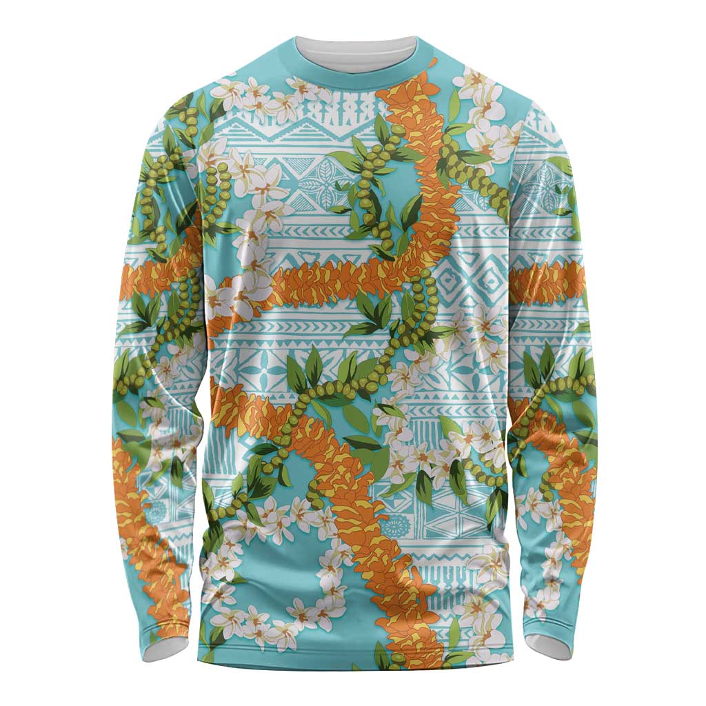 Aloha Festive Hawaii Long Sleeve Shirt Mokihana - Maile and Ilima on Turquoise LT7 Unisex Turquoise - Polynesian Pride