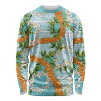 Aloha Festive Hawaii Long Sleeve Shirt Mokihana - Maile and Ilima on Turquoise - Polynesian Pride