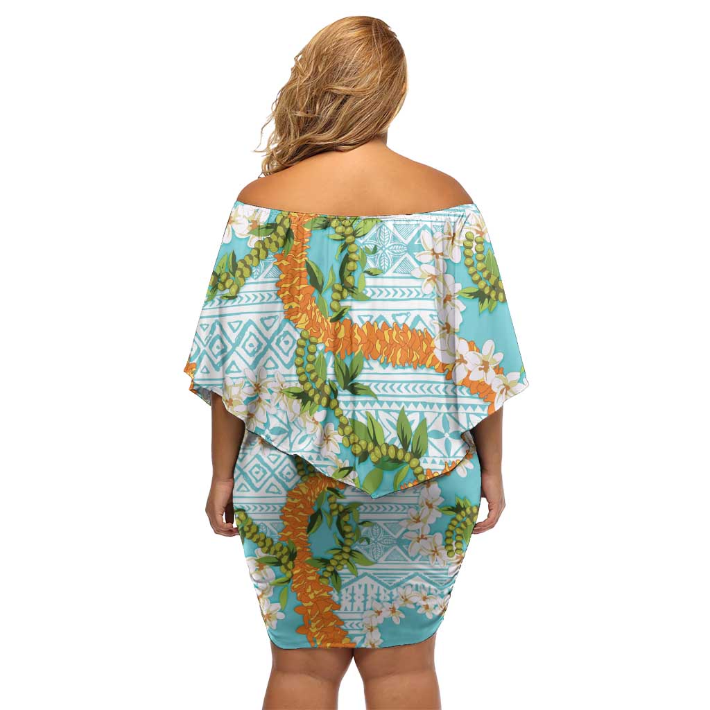 Aloha Festive Hawaii Off Shoulder Short Dress Mokihana - Maile and Ilima on Turquoise - Polynesian Pride