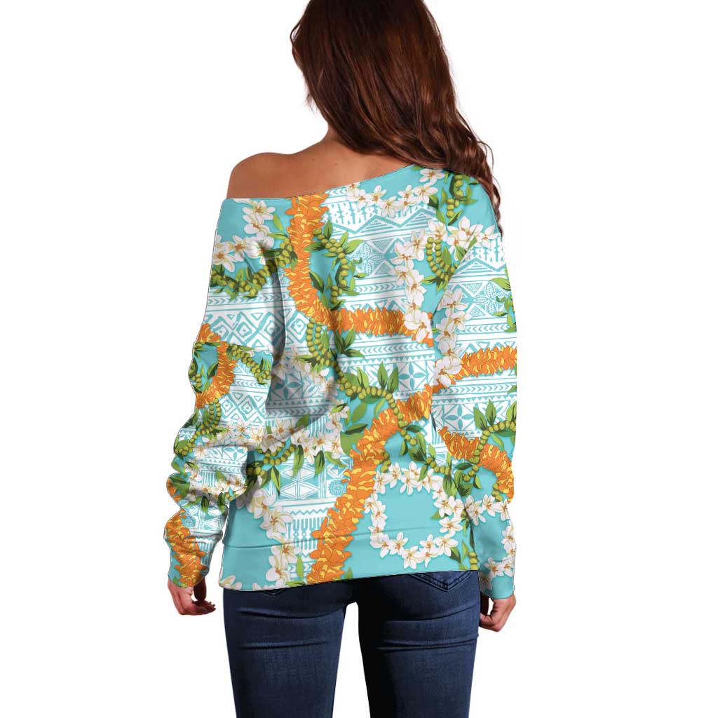 Aloha Festive Hawaii Off Shoulder Sweater Mokihana - Maile and Ilima on Turquoise - Polynesian Pride