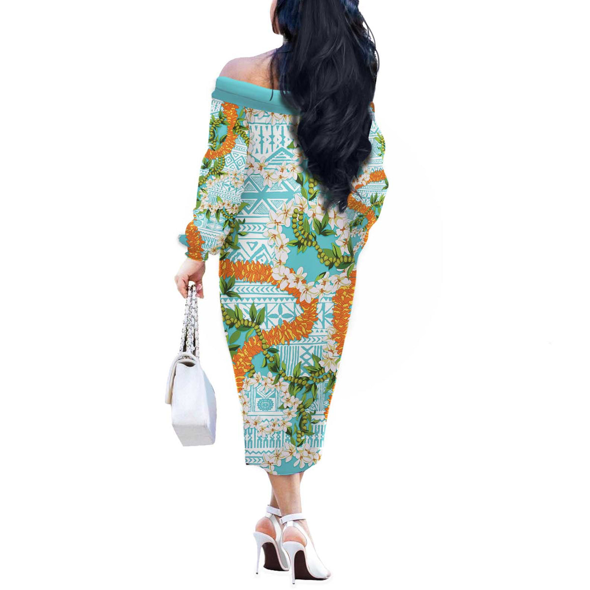 Aloha Festive Hawaii Off The Shoulder Long Sleeve Dress Mokihana - Maile and Ilima on Turquoise - Polynesian Pride