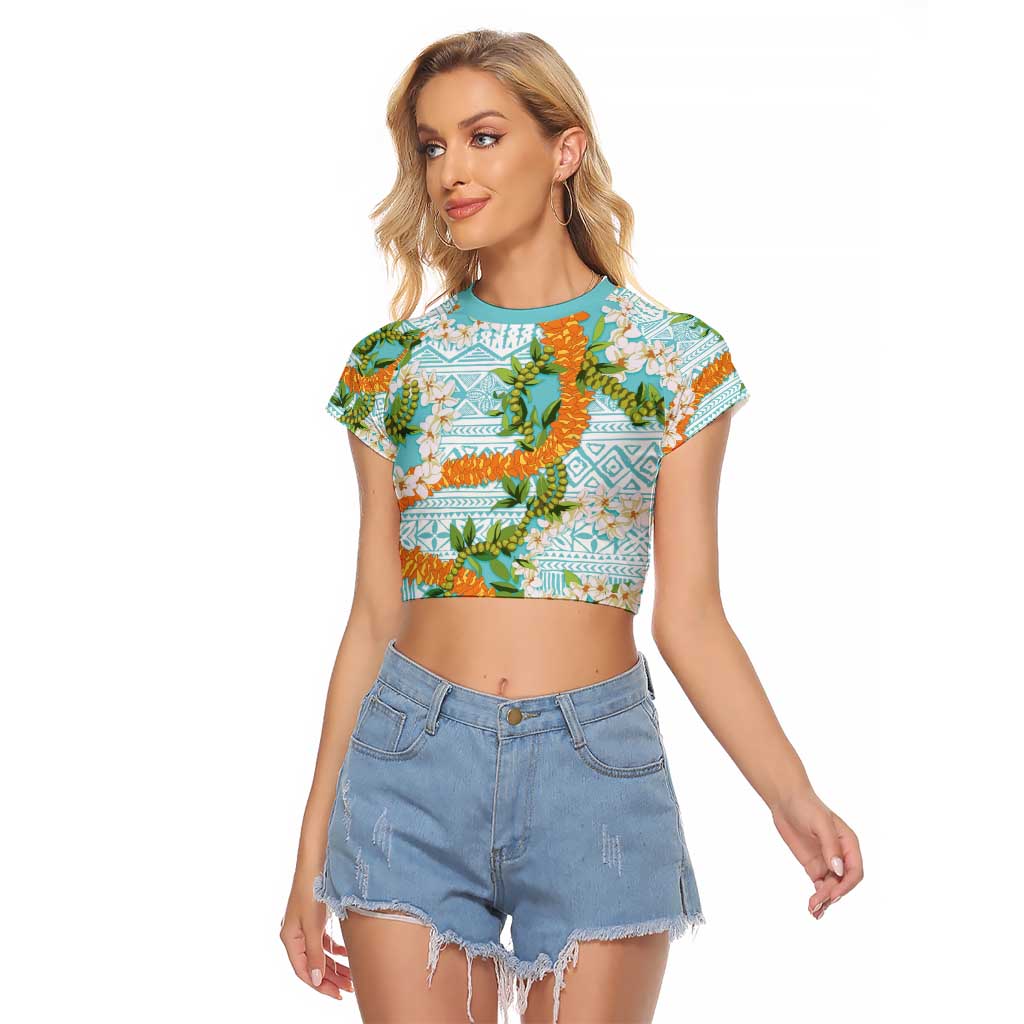 Aloha Festive Hawaii Raglan Cropped T Shirt Mokihana - Maile and Ilima on Turquoise LT7 Female Turquoise - Polynesian Pride