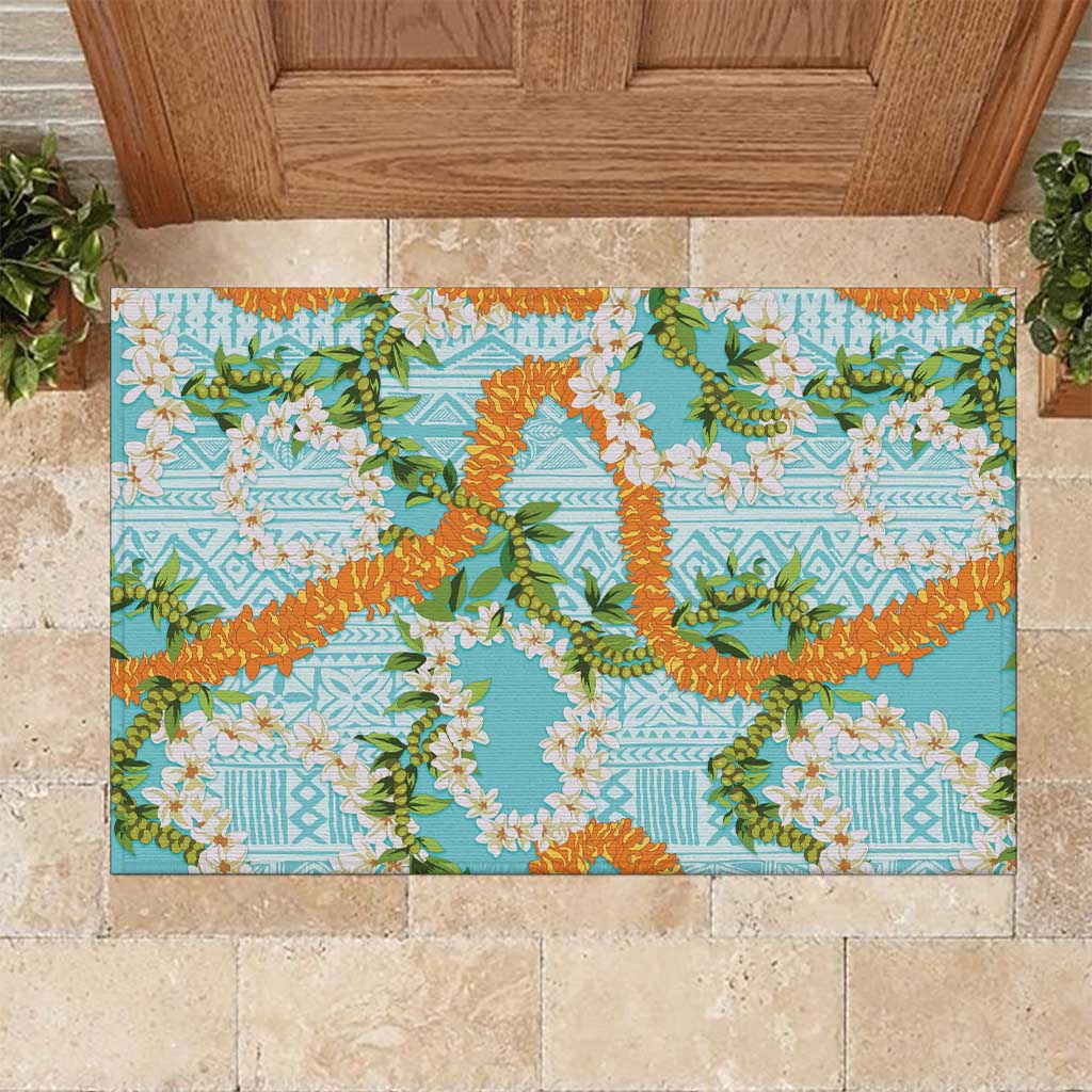 Aloha Festive Hawaii Rubber Doormat Mokihana - Maile and Ilima on Turquoise LT7 Turquoise - Polynesian Pride