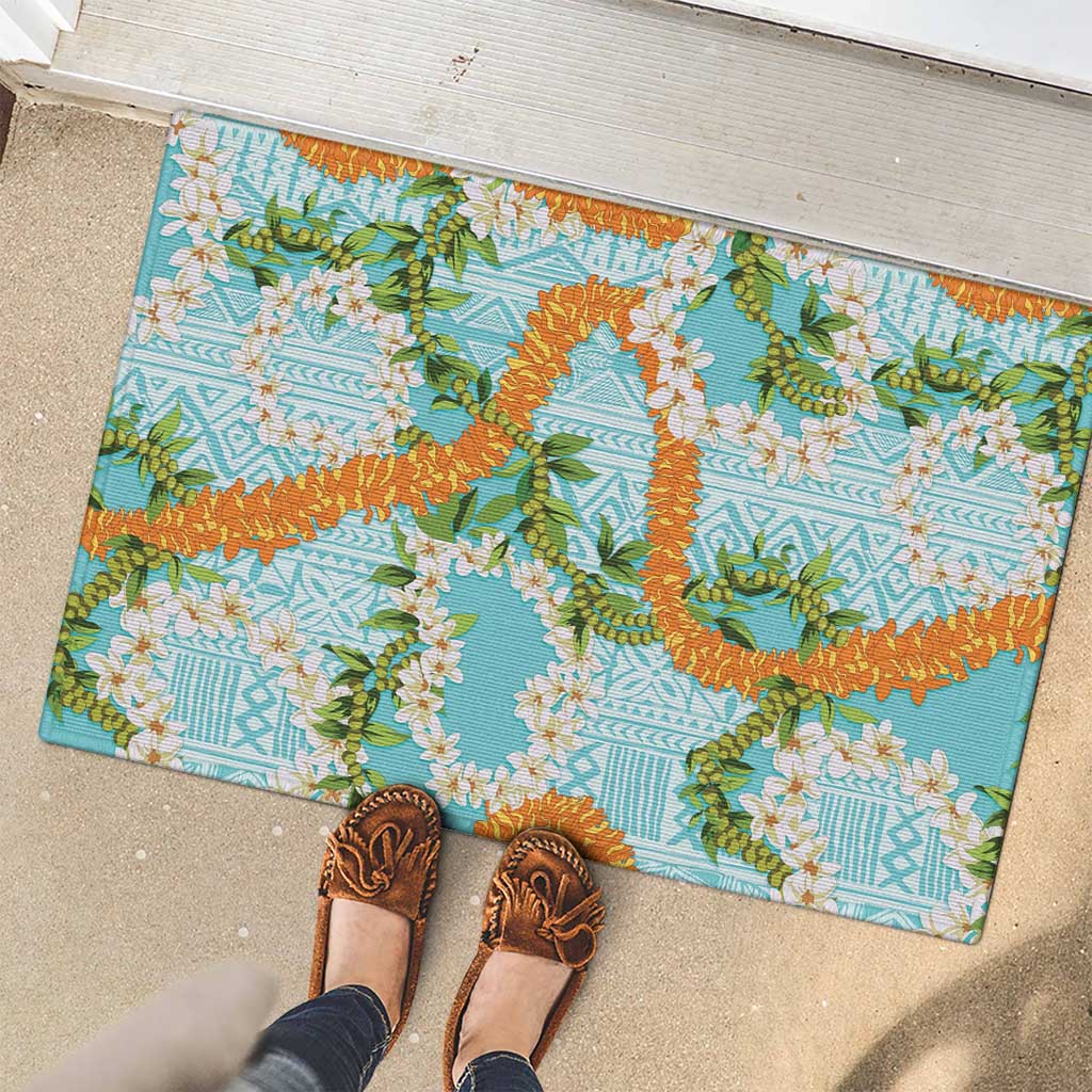 Aloha Festive Hawaii Rubber Doormat Mokihana - Maile and Ilima on Turquoise - Polynesian Pride