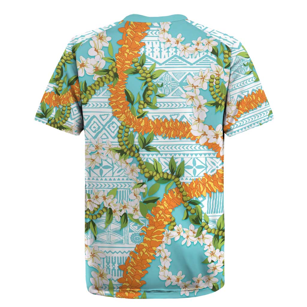Aloha Festive Hawaii Rugby Jersey Mokihana - Maile and Ilima on Turquoise - Polynesian Pride