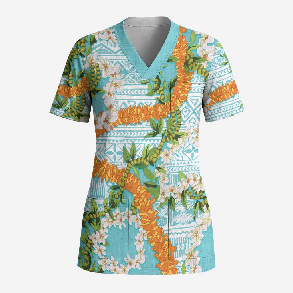 Aloha Festive Hawaii Scrub Top Mokihana - Maile and Ilima on Turquoise - Polynesian Pride