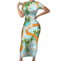 Aloha Festive Hawaii Short Sleeve Bodycon Dress Mokihana - Maile and Ilima on Turquoise - Polynesian Pride