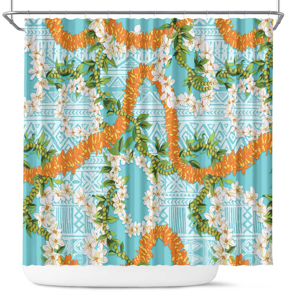 Aloha Festive Hawaii Shower Curtain Mokihana - Maile and Ilima on Turquoise - Polynesian Pride