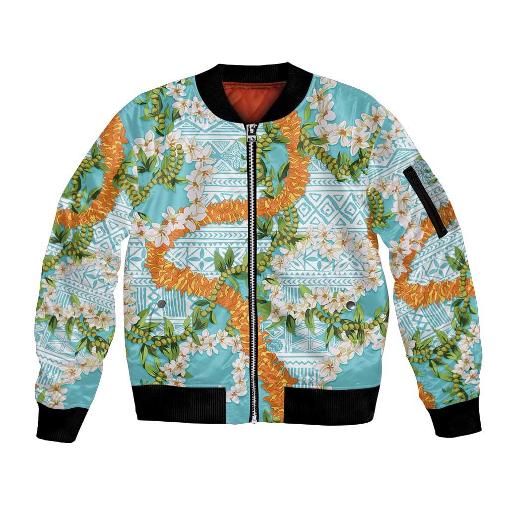 Aloha Festive Hawaii Sleeve Zip Bomber Jacket Mokihana - Maile and Ilima on Turquoise LT7 Unisex Turquoise - Polynesian Pride