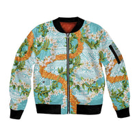 Aloha Festive Hawaii Sleeve Zip Bomber Jacket Mokihana - Maile and Ilima on Turquoise LT7 Unisex Turquoise - Polynesian Pride