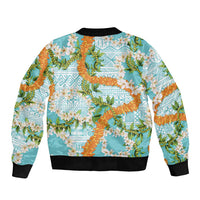 Aloha Festive Hawaii Sleeve Zip Bomber Jacket Mokihana - Maile and Ilima on Turquoise LT7 - Polynesian Pride