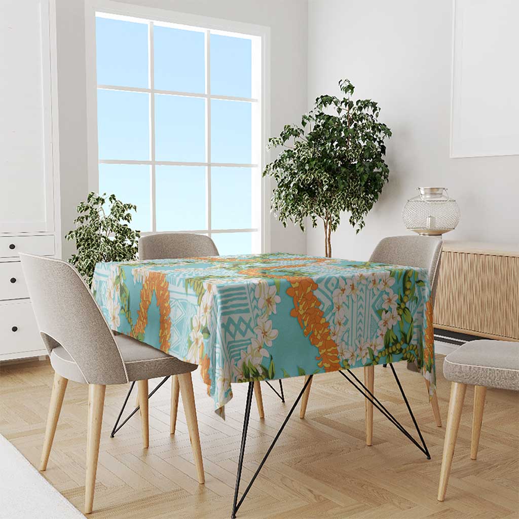 Aloha Festive Hawaii Tablecloth Mokihana - Maile and Ilima on Turquoise - Polynesian Pride