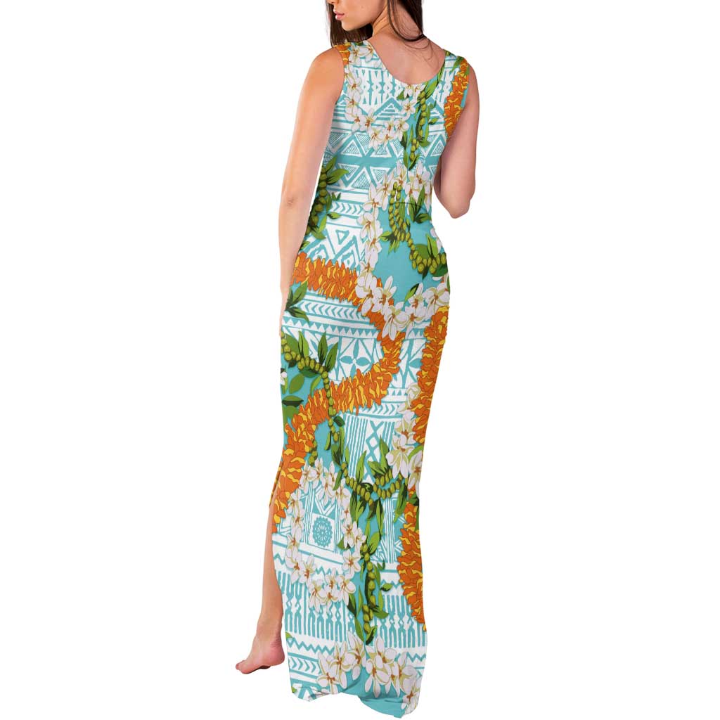 Aloha Festive Hawaii Tank Maxi Dress Mokihana - Maile and Ilima on Turquoise - Polynesian Pride