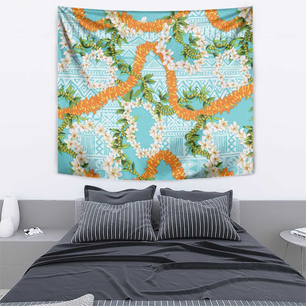 Aloha Festive Hawaii Tapestry Mokihana - Maile and Ilima on Turquoise - Polynesian Pride