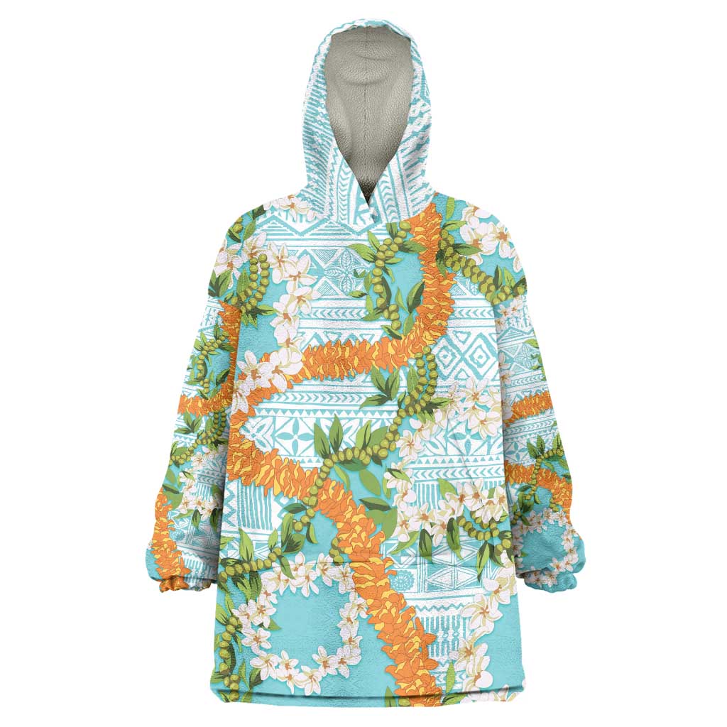 Aloha Festive Hawaii Wearable Blanket Hoodie Mokihana - Maile and Ilima on Turquoise LT7 One Size Turquoise - Polynesian Pride