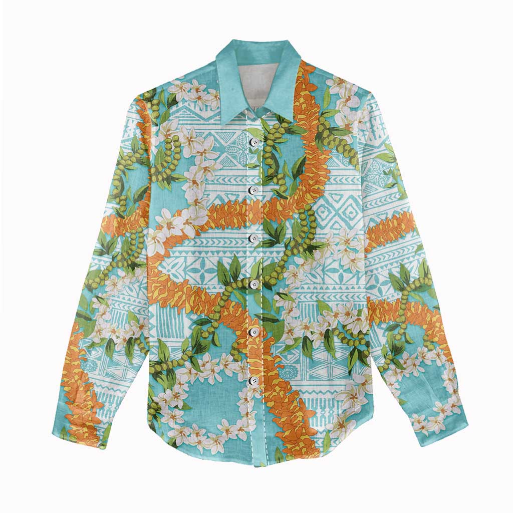 Aloha Festive Hawaii Women Casual Shirt Mokihana - Maile and Ilima on Turquoise - Polynesian Pride