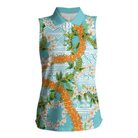 Aloha Festive Hawaii Women Sleeveless Polo Shirt Mokihana - Maile and Ilima on Turquoise - Polynesian Pride