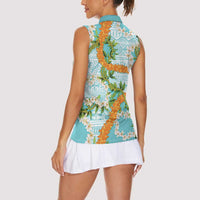 Aloha Festive Hawaii Women Sleeveless Polo Shirt Mokihana - Maile and Ilima on Turquoise - Polynesian Pride