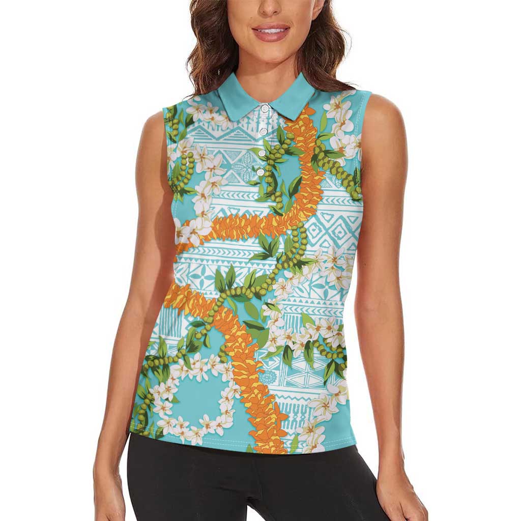 Aloha Festive Hawaii Women Sleeveless Polo Shirt Mokihana - Maile and Ilima on Turquoise - Polynesian Pride