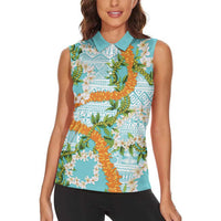 Aloha Festive Hawaii Women Sleeveless Polo Shirt Mokihana - Maile and Ilima on Turquoise - Polynesian Pride