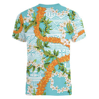 Aloha Festive Hawaii Women V-Neck T-Shirt Mokihana - Maile and Ilima on Turquoise - Polynesian Pride