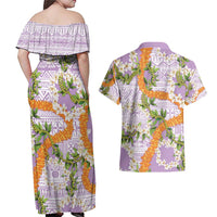 Aloha Festive Hawaii Couples Matching Off Shoulder Maxi Dress and Hawaiian Shirt Mokihana - Maile and Ilima on Lilac - Polynesian Pride
