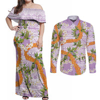 Aloha Festive Hawaii Couples Matching Off Shoulder Maxi Dress and Long Sleeve Button Shirt Mokihana - Maile and Ilima on Lilac - Polynesian Pride