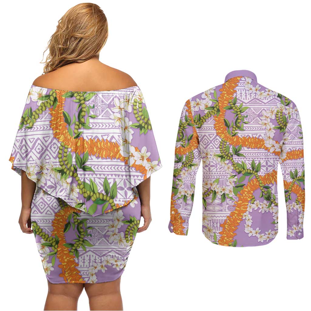 Aloha Festive Hawaii Couples Matching Off Shoulder Short Dress and Long Sleeve Button Shirt Mokihana - Maile and Ilima on Lilac - Polynesian Pride