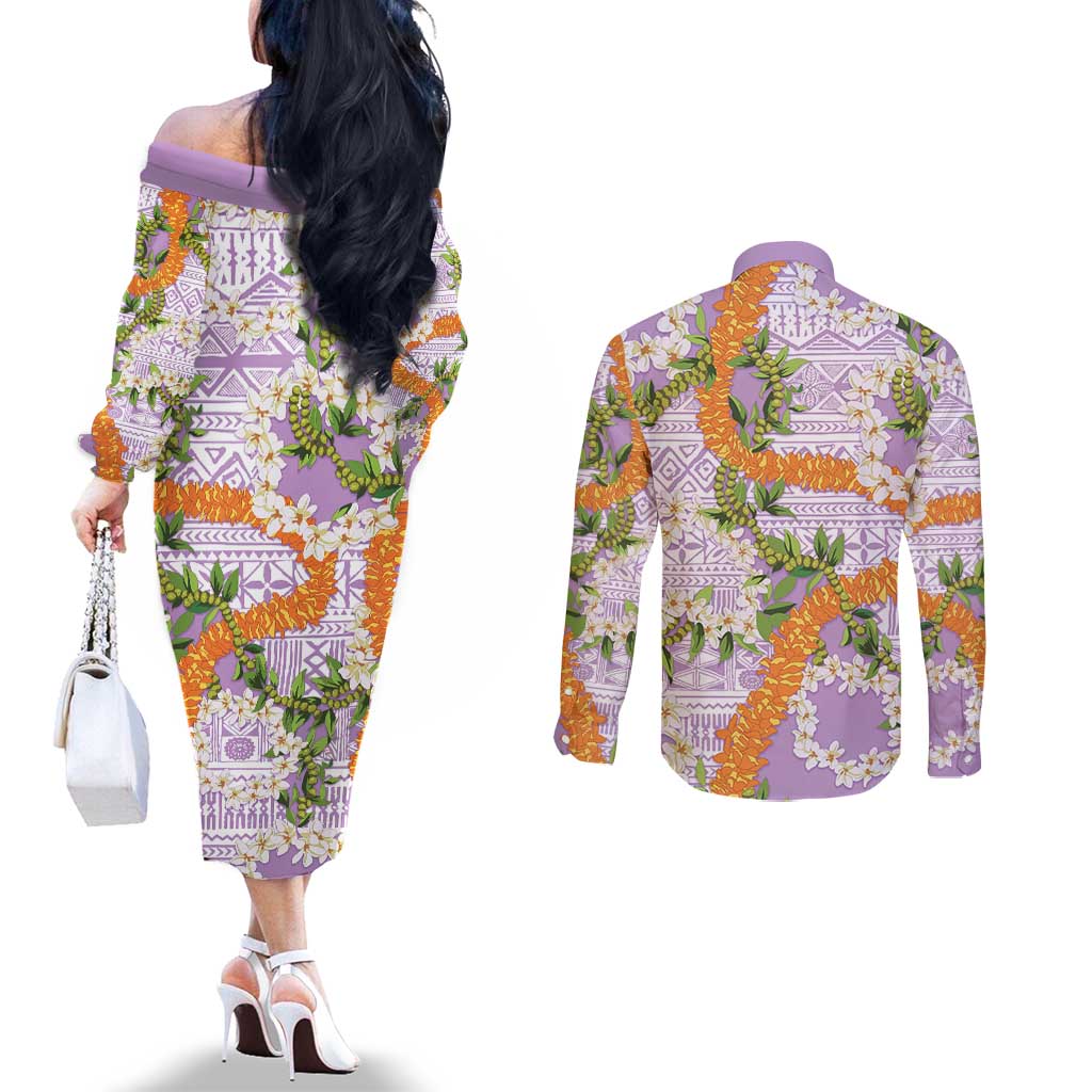 Aloha Festive Hawaii Couples Matching Off The Shoulder Long Sleeve Dress and Long Sleeve Button Shirt Mokihana - Maile and Ilima on Lilac - Polynesian Pride
