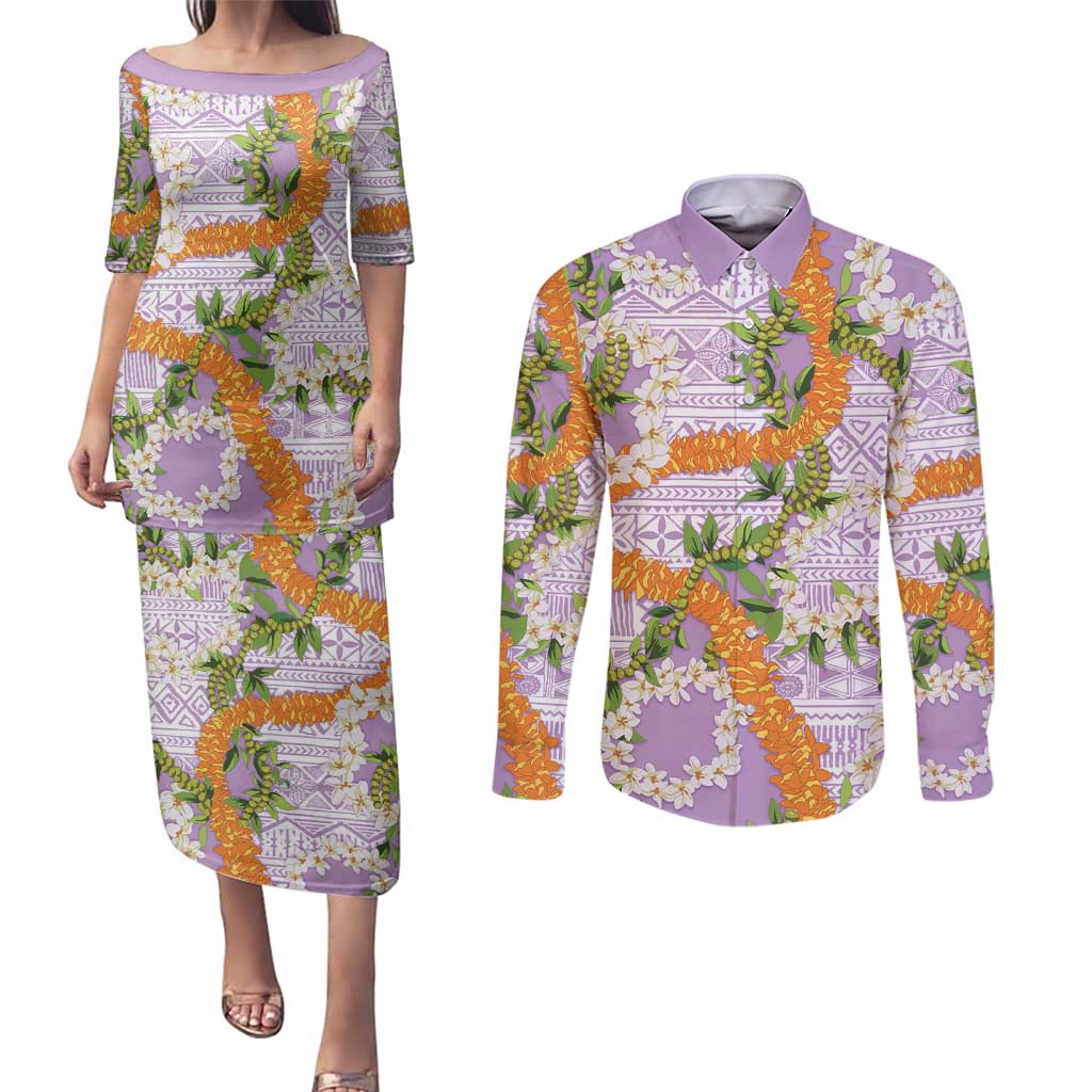 Aloha Festive Hawaii Couples Matching Puletasi and Long Sleeve Button Shirt Mokihana - Maile and Ilima on Lilac - Polynesian Pride